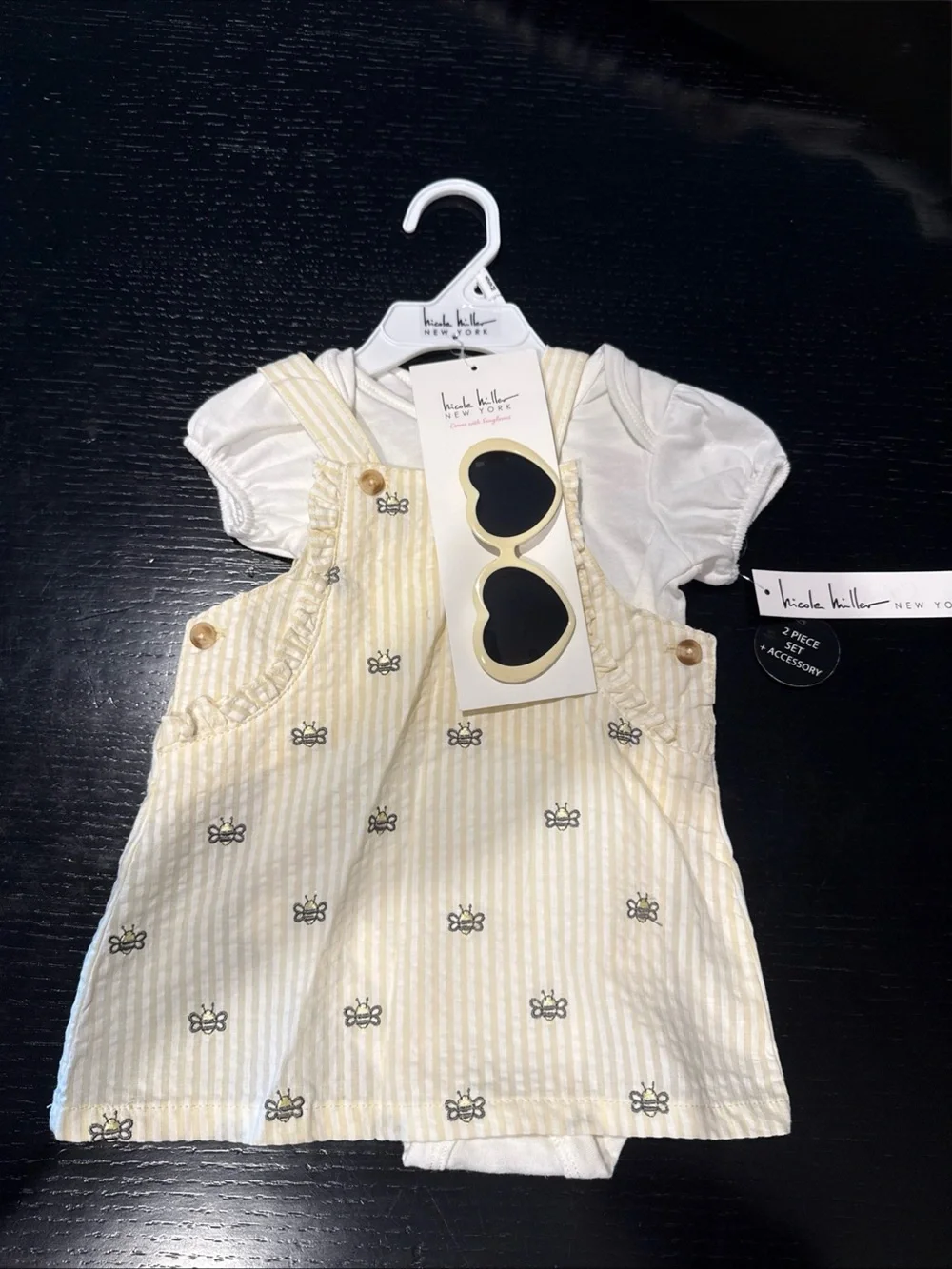 Nicole Miller Yellow Bee Seersucker Overall Dress with Cream Sunglasses